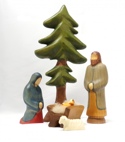Holy family with spruce and little lamb